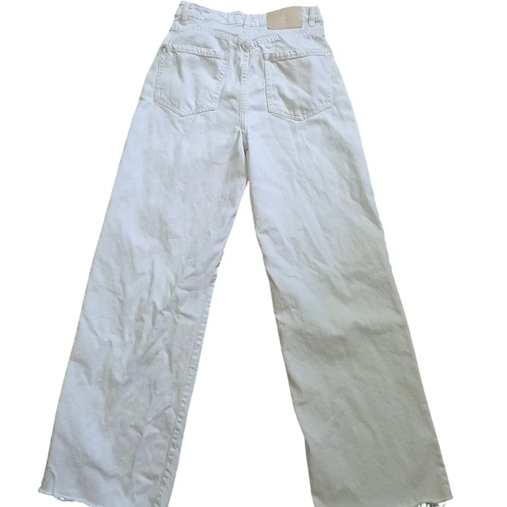 Lefties white Denim Women's 6/8 Wide Leg Raw Hem Distressed Jeans Y2K streetwear